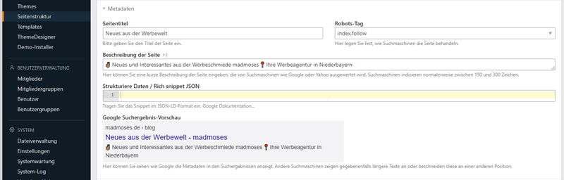Bild zeigt einen Screenshot aus dem Backend von Contao