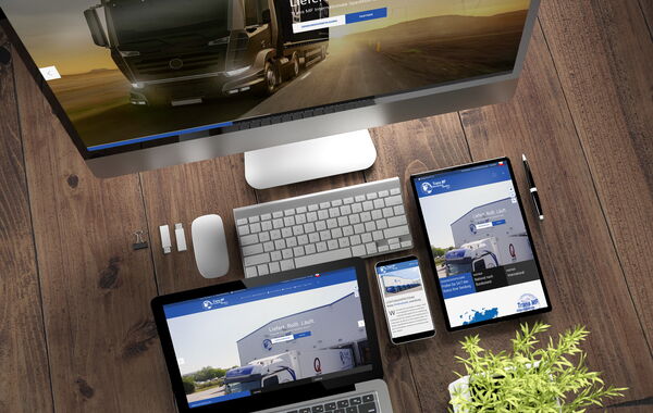 Das Bild zeigt die Website von "Trans MF Spedition" auf verschiedenen Ausgabegeräten