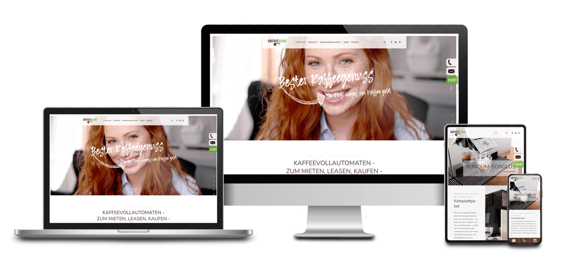 Das Bild zeigt die Website der Firma: "Coffeeundevent" auf verschiedenen Ausgabegeräten