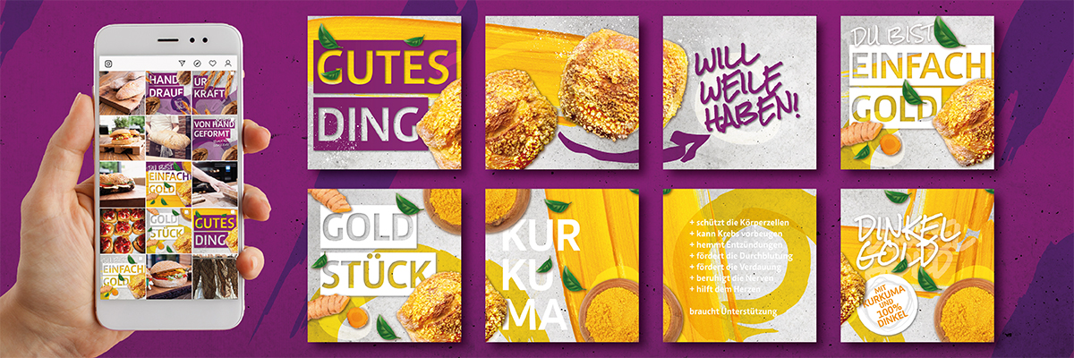 Das Bild zeigt mehrere Social Media Anzeigen der Firma: "Brotmacher Breu & Oberprieler GMBH"