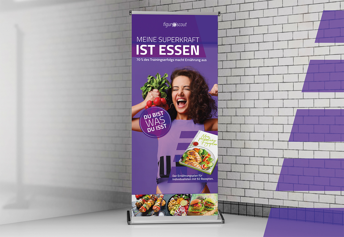 Bild eines Aufstellers der Firma Figurscout für die Kampagne Meine Superkraft ist Essen