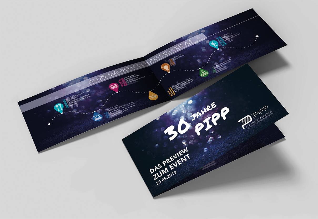 Bild zeigt den 30.Jahre Flyer der Firma: "Industriebuchbinderei Pipp"