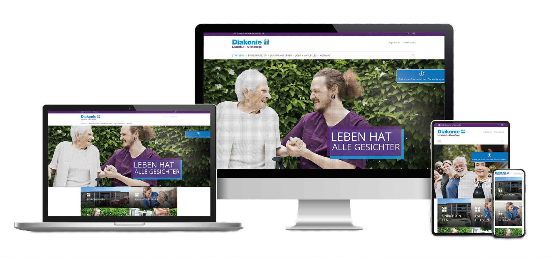 Bild mit Verschiedenen Ansichten der Website: "Diakonie Landshut Altenpflege"