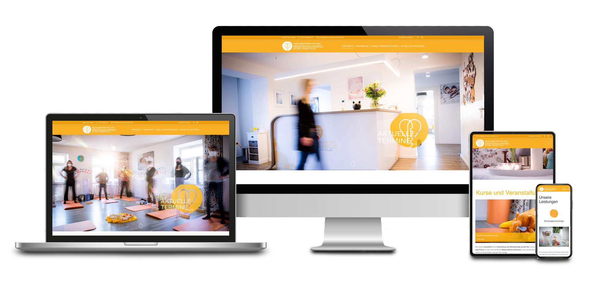 Bild mit Verschiedenen Ansichten der Website: "Geburtshaus Landshut"