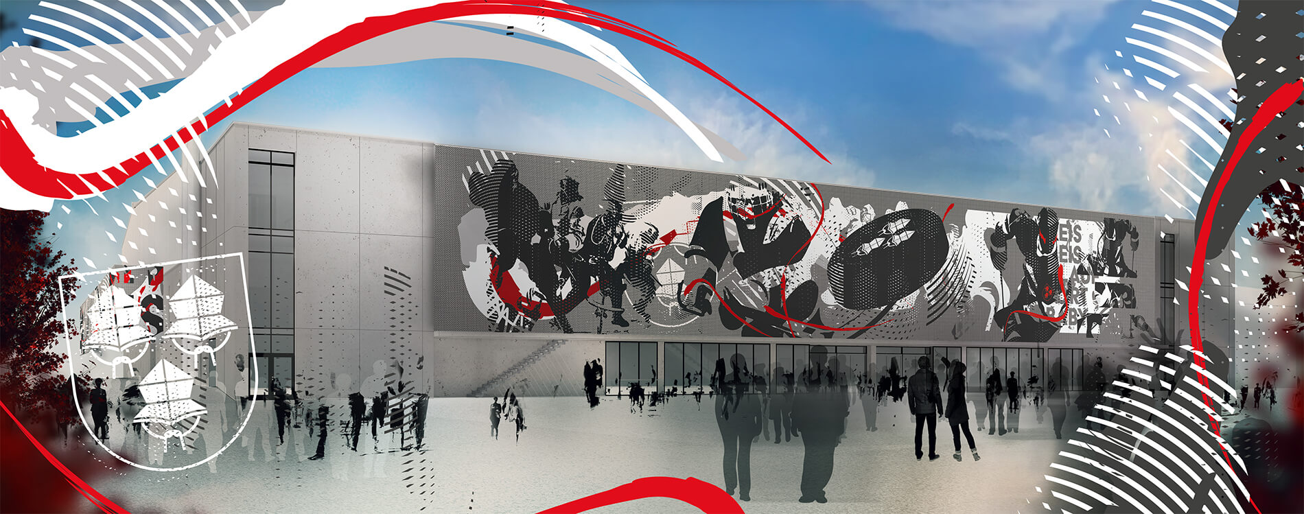 Das Bild zeigt ein Design Der Außenfassade Landshuter Eishockey Halle