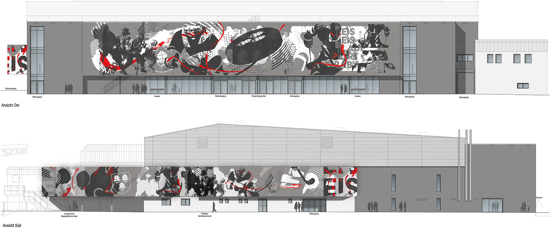 Das Bild zeigt ein Design Der Außenfassade Landshuter Eishockey Halle