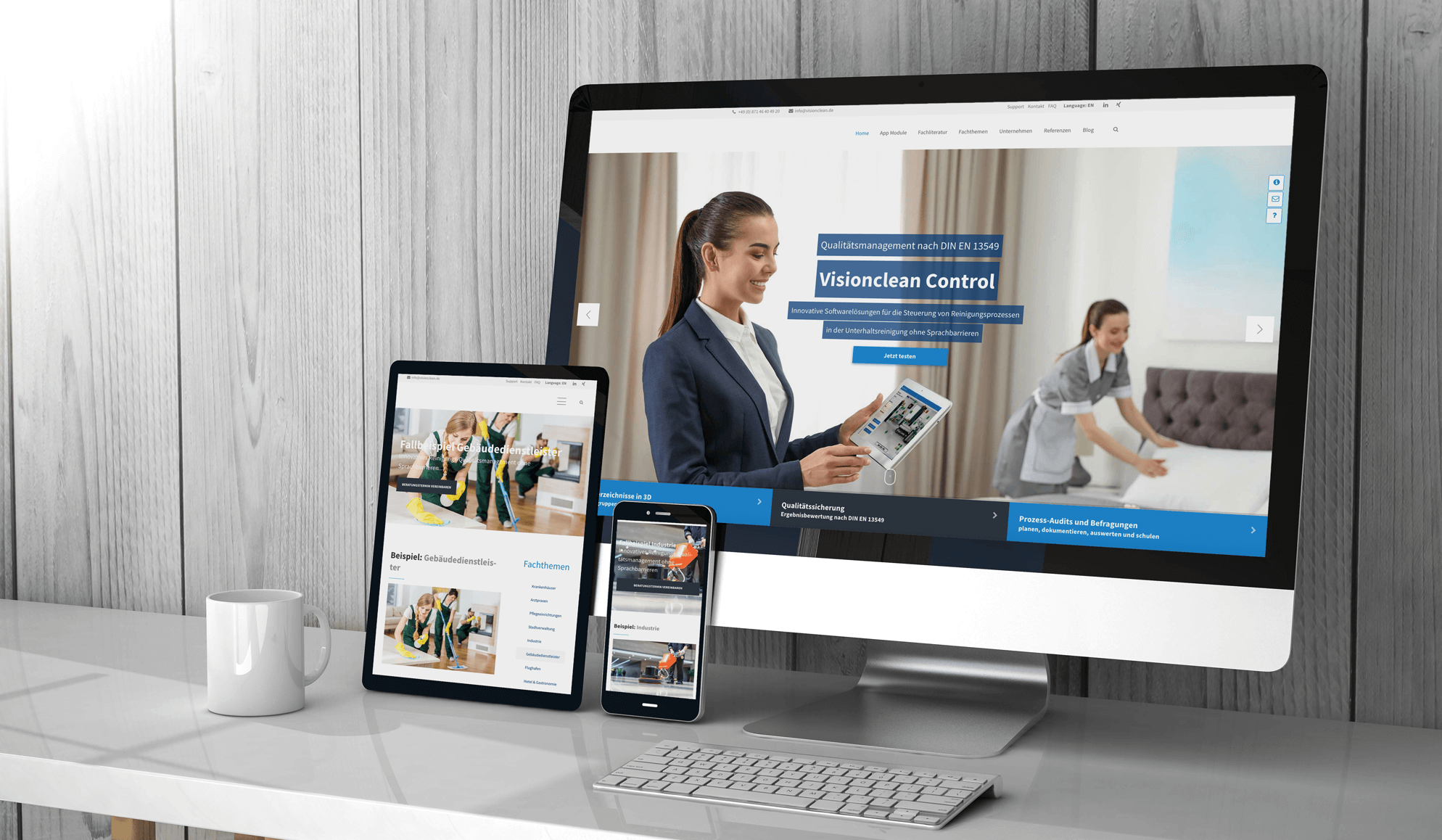 Das Bild zeigt die Website der Firma: "Visionclean" auf mehreren Geräten Ausgegeben